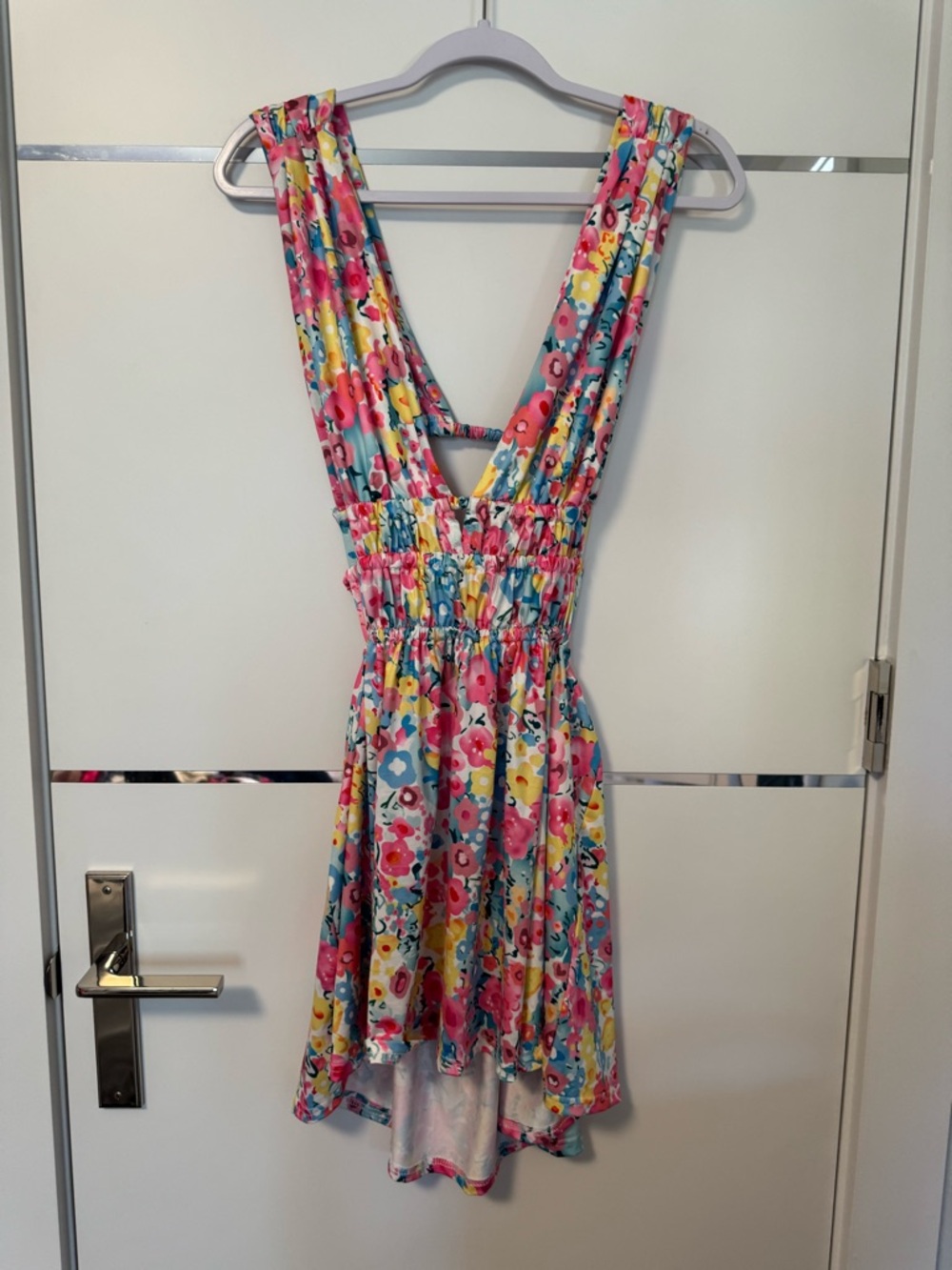 Floral V-Back Summer Dress in Pink, Yellow & Blue